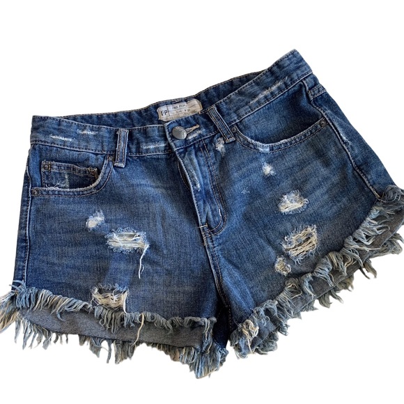 FREE PEOPLE DISTRESSED BLUE DENIM SHORTS - Picture 15 of 16